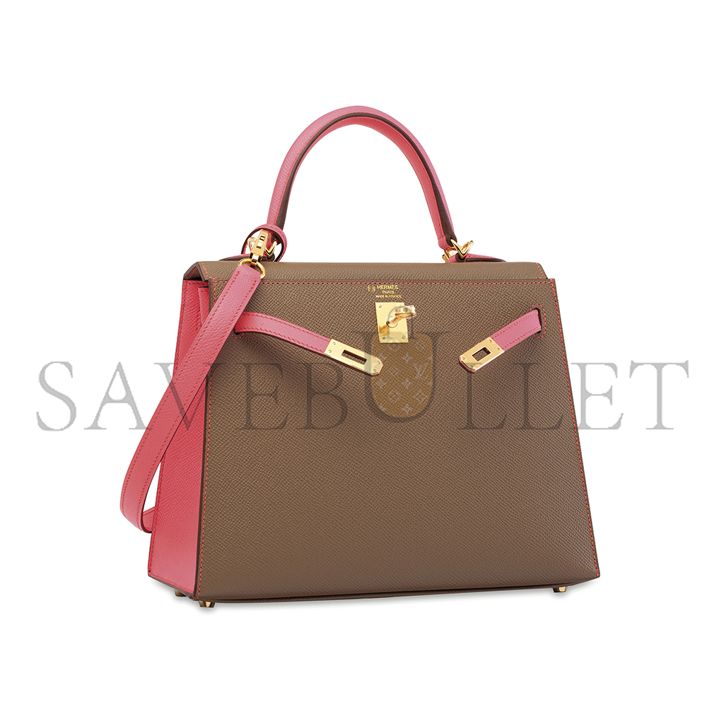 HERMÈS ÉTOUPE & ROSE AZALÉE EPSOM KELLY 25 WITH GOLD HARDWARE (25*17*7cm)